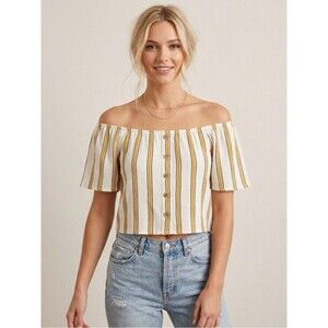 Love Tree Striped Off Shoulder Crop Top Y2K Cottagecore Bardot Summer Boho M